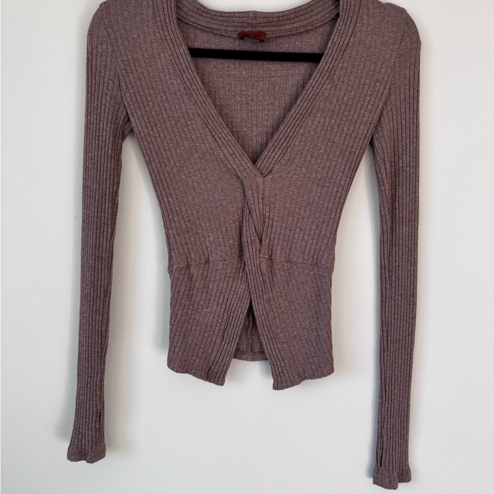 ALIX NYC Ribbed V-Neck Long Sleeve Top - Taupe